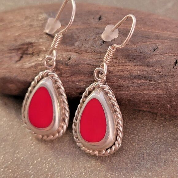 Sterling Red Coral Twisted Cable Bezel Teardrop Earrings - Picture 2 of 6